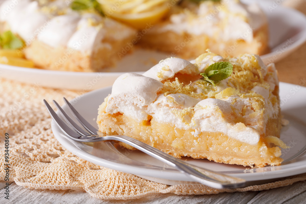 Slice of lemon meringue pie close-up. horizontal
