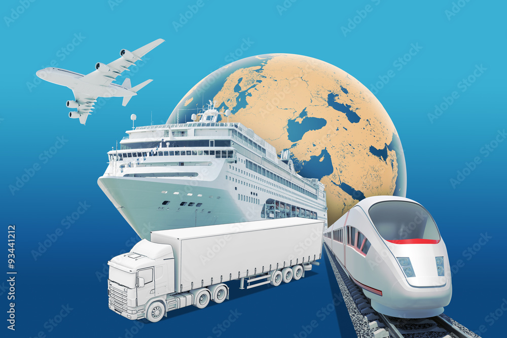 Transport with earth globe and ship on blue