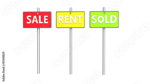 sign boards of sale rent sold from front view in three colours on white background