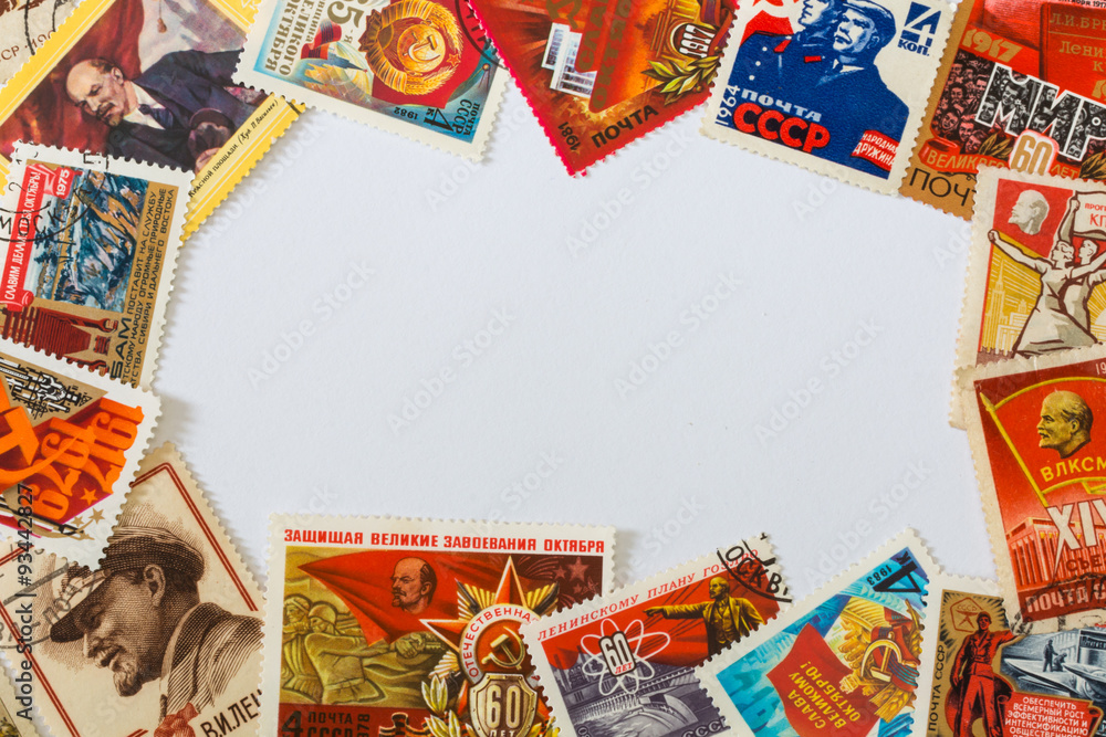 frame of old soviet post stamps