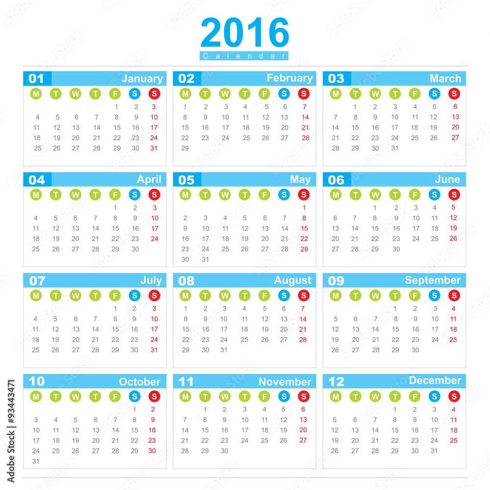 2016 Calendar week start monday Stock Vector Adobe Stock 2016 Calendar week start monday Stock Vector Adobe Stock