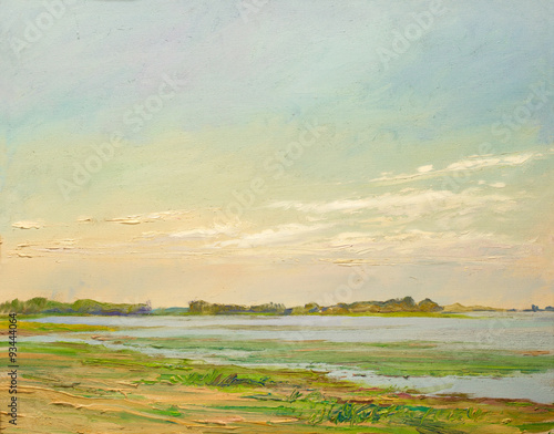 clouds illuminated by the sun over the river in the  steppe, painting oil on canvas