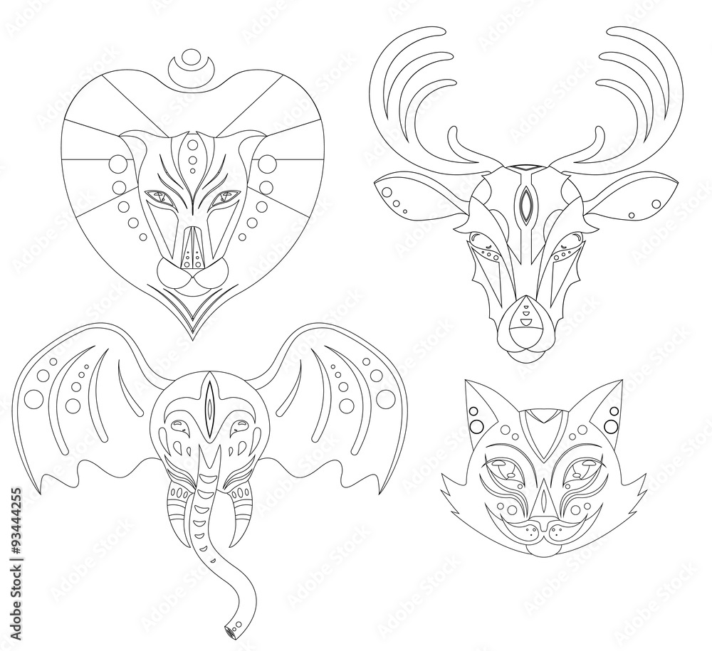 Obraz premium Set of linear illustration animal heads for logo and your design