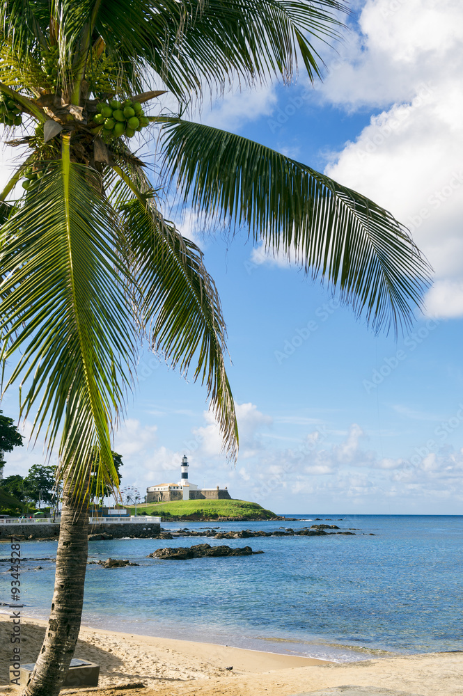 Scenic view of the Farol da Barra Salvador Brazil lighthouse from behind a palm tree on a nearby beach