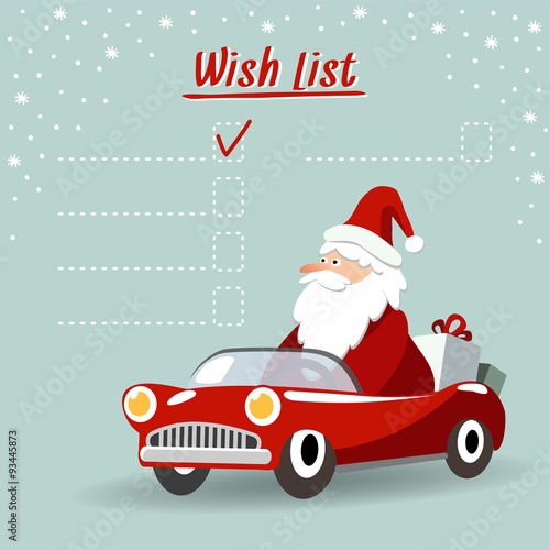 Cute christmas greeting card, wish list with Santa Claus, retro sports car, vector