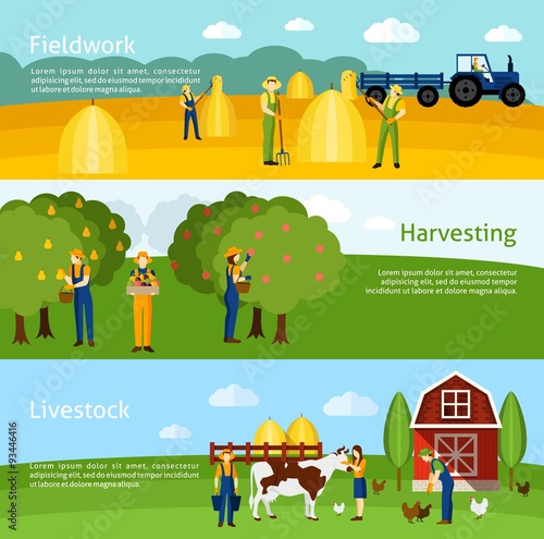 Farming 3 flat horizontal banners set