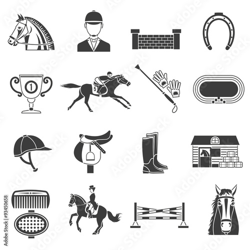  Black Icons Set With Horse Equipment 