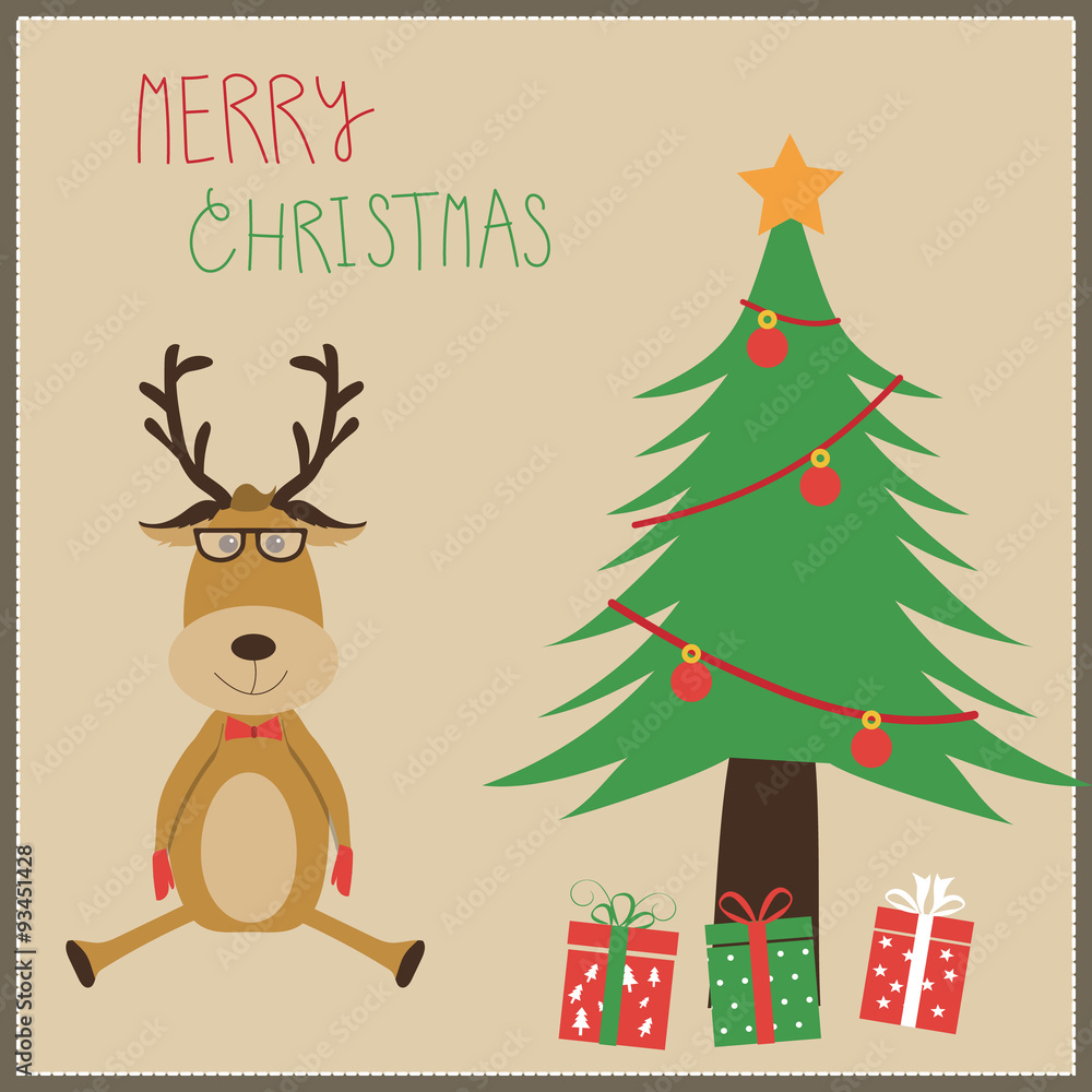 Hipster Reindeer with Chistmas tree and the gift boxes merry chr Hipster Reindeer with Chistmas tree and the gift boxes merry chr