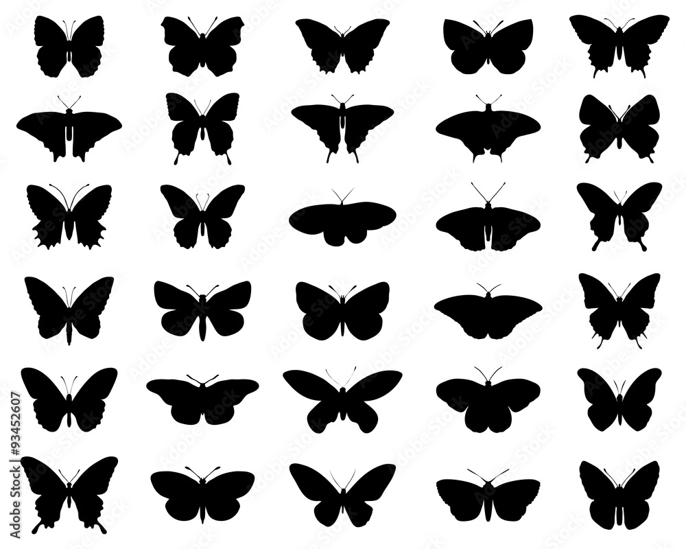 Black silhouettes of butterflies, vector - obrazy, fototapety, plakaty 