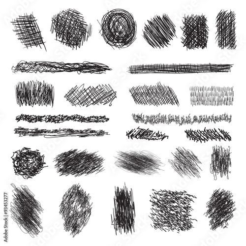 vector set of scribble brushes. Collection of ink lines, set of hand drawn textures, scribbles of pen, hatching, scratch