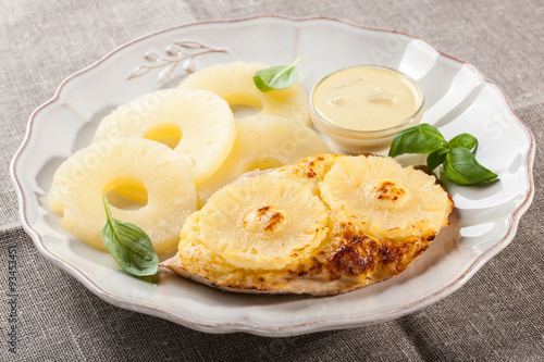 Grilled chicken fillet with pineapples and pineapple sauce