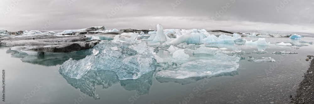 Panorama Icebergs in the glacier lagoon in Jokulsarlon Iceland