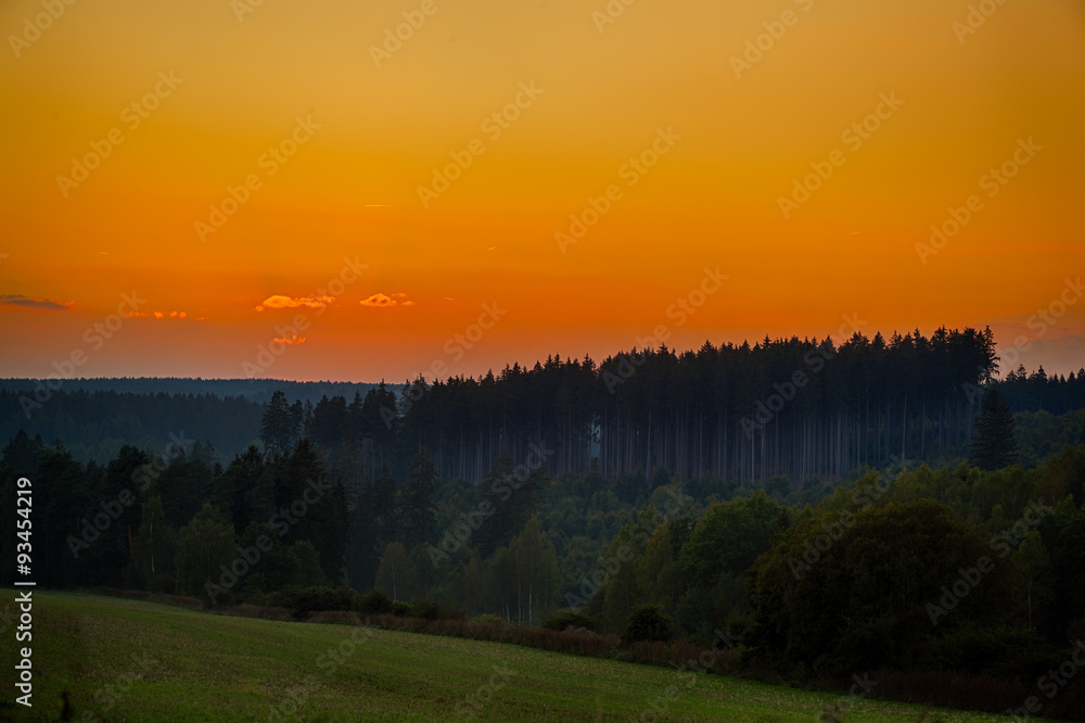 roter Abendhimmel mit Wald im Harz