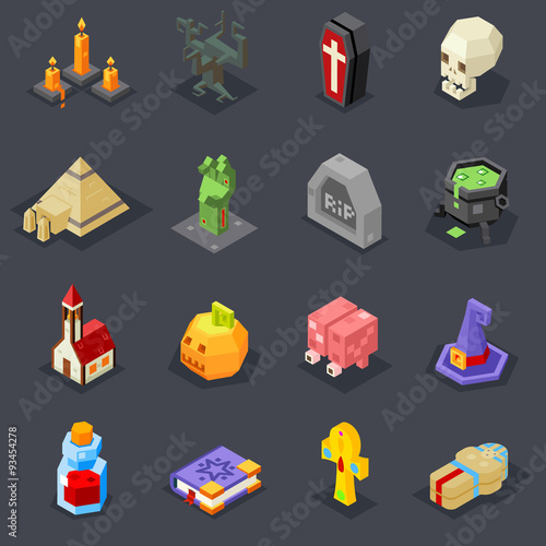 Halloween Icons Set Pumpkin Witch Hat Cauldron Grave Zombie Hand