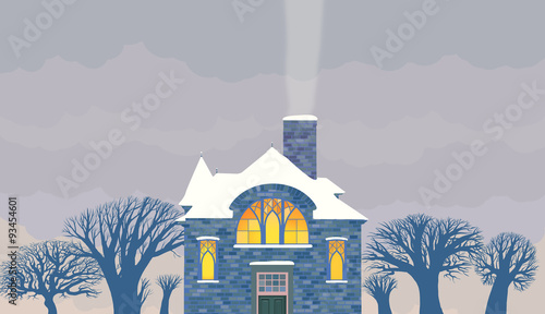 Schilderij op canvas Horizontal panoramic illustration of a house with lighted window