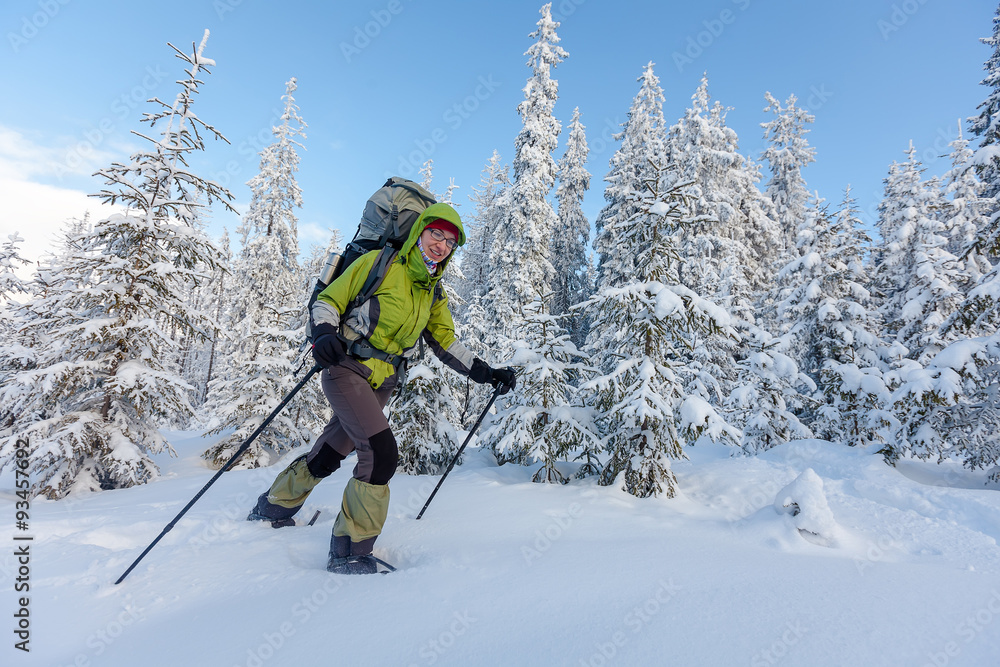 Backpacker woman is walking in forest in wintertime