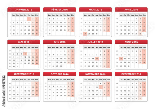 Calendrier français 2016 - Quadri CMJN - Textes vectorisés