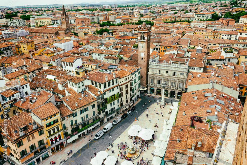 Aerial view of Piazza delle Erbe in center of Verona, Italy