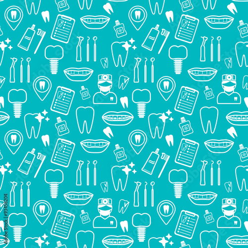 Dental seamless pattern. White linear icons. Blue backdrop Flat design. Vector