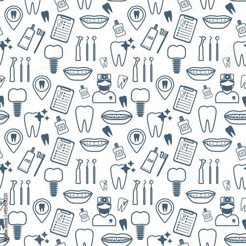 Dental seamless pattern. Dark blue linear icons. Flat design. Vector