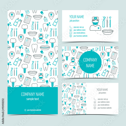 Set of flyer, brochure and business cards for dental clinic. Set of promotional products. Flat design. Vector