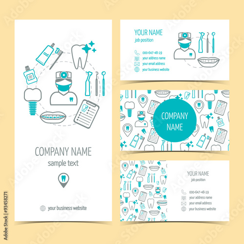 Set of flyer, brochure and business cards for dental clinic. Dental care. Set of promotional products. Flat design. Vector