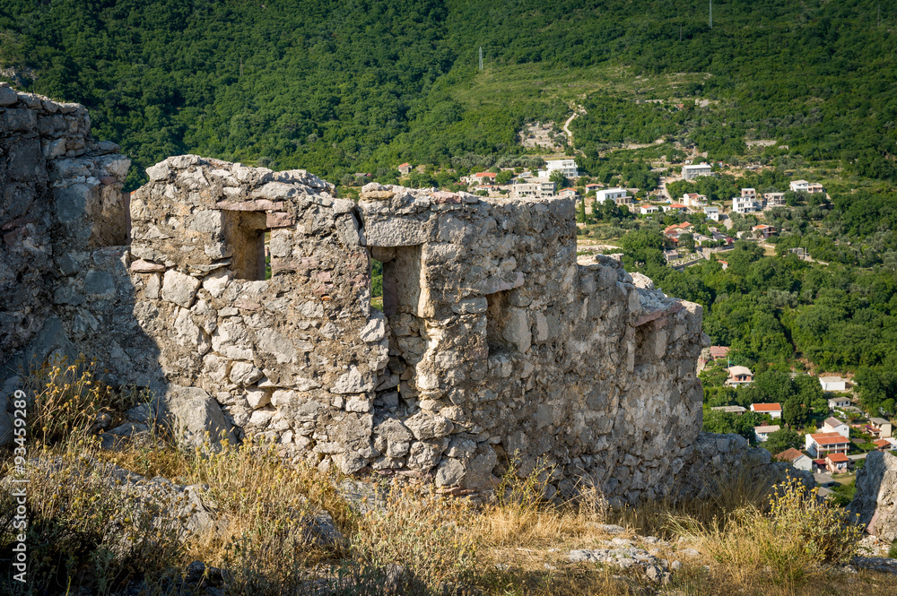 Haj-Nehaj ancient fortress wall is almost ruined. Sutomore village, Montenegro. 
