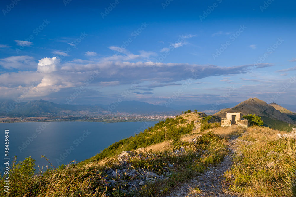Mountain peak, Skadar lake and old watch house on the Montenegro and Albania border. Montenegro.