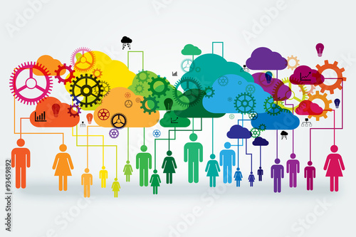 Network vector design concept. Abstract people linked to colorful clouds