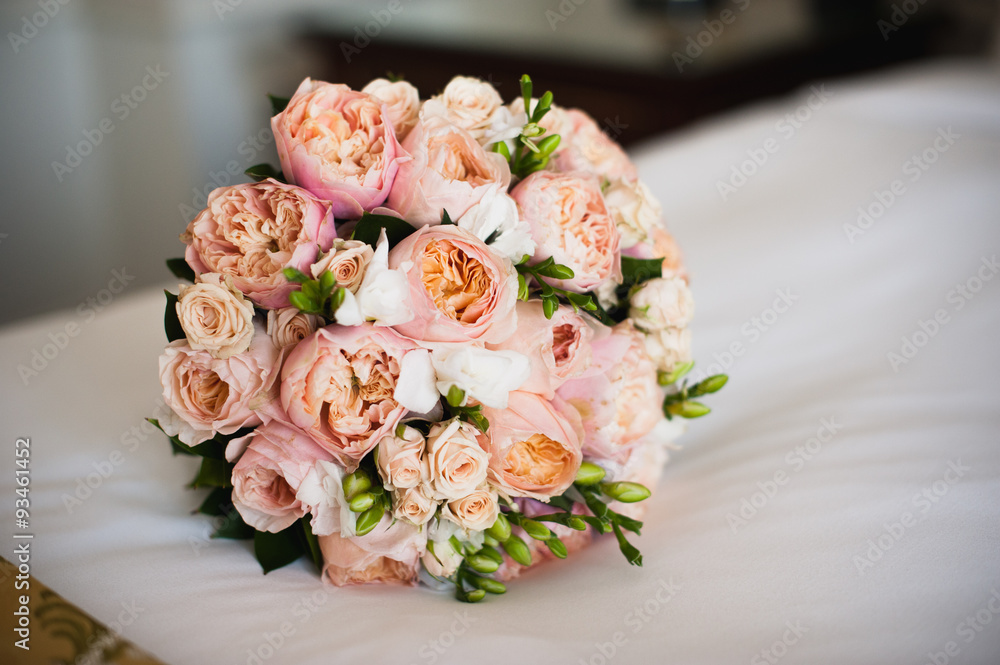 Wedding bouquet for bride on bed Wedding bouquet for bride on bed
