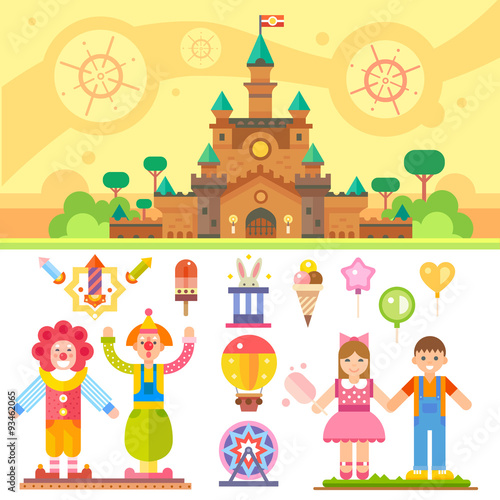 Castle of children happiness. Flat vector illustration set: magic castle, clowns, balloons, boy and girl, fireworks, carousel, rabbit in a hat, ice-cream. Stock Vector.