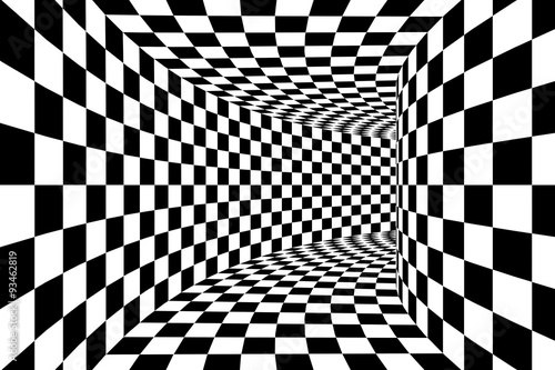Black and White Checkered Square Walled Tunnel Abstract Background