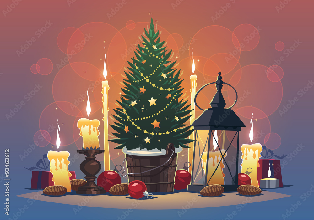 Still life with candles and Christmas Tree. Christmas greeting card \ background \ poster. Vector illustration.