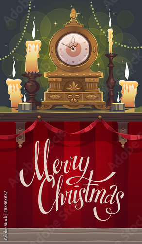 Vintage mantel clock on a shelf. Christmas greeting card \ background \ poster. Vector illustration.
