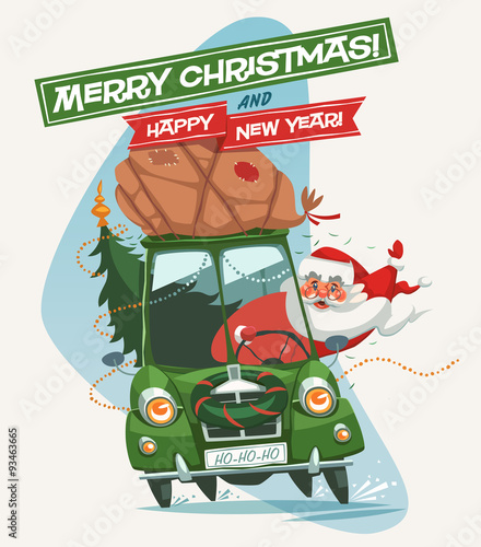 Santa Claus drives an old car. Christmas greeting card \ background \ poster. Vector illustration.