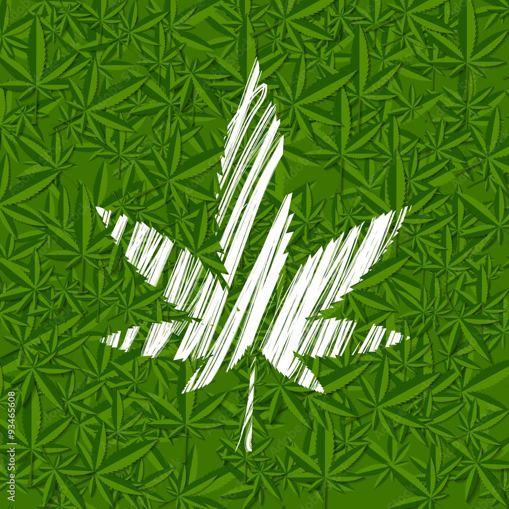 White grunge cannabis leaf on green pattern White grunge cannabis leaf on green pattern