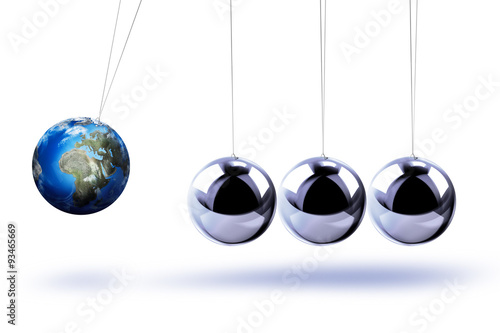The pendulum of Newton as the Earth symbolizing the risk, dynamics, fragility, etc. On the white background