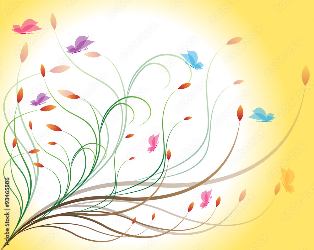 Floral on yellow background with butterflies Floral on yellow background with butterflies