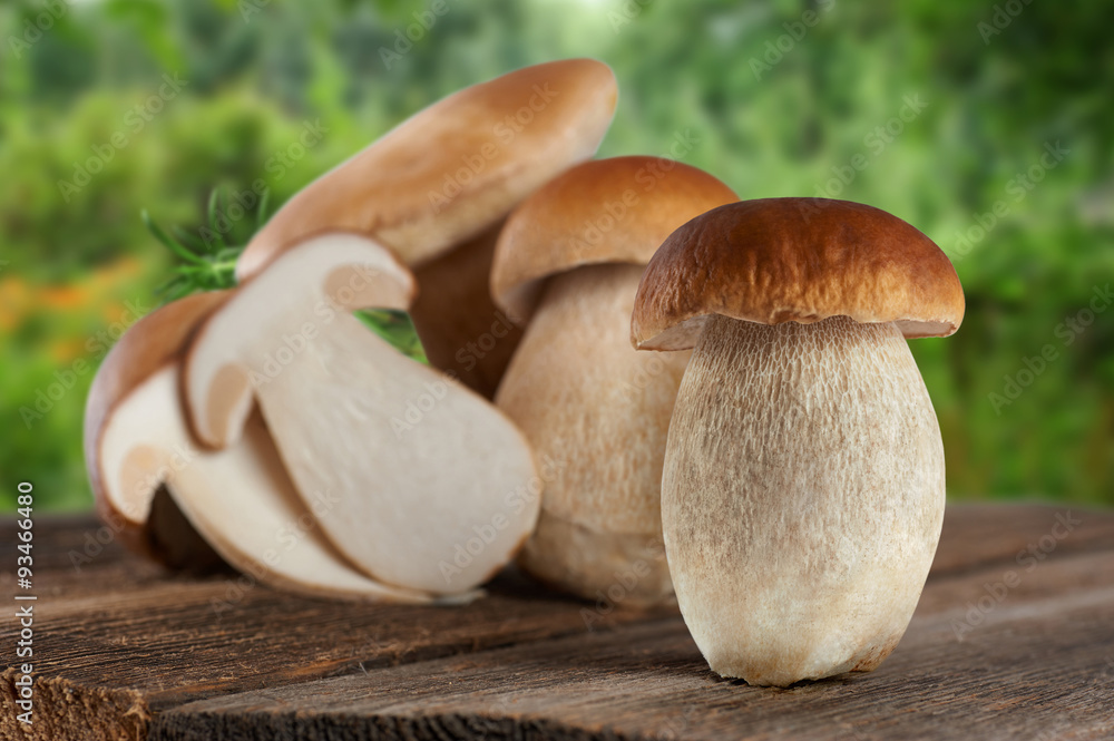 Boletus edulis (king bolete) on a wooden table. Boletus edulis (king bolete) on a wooden table.