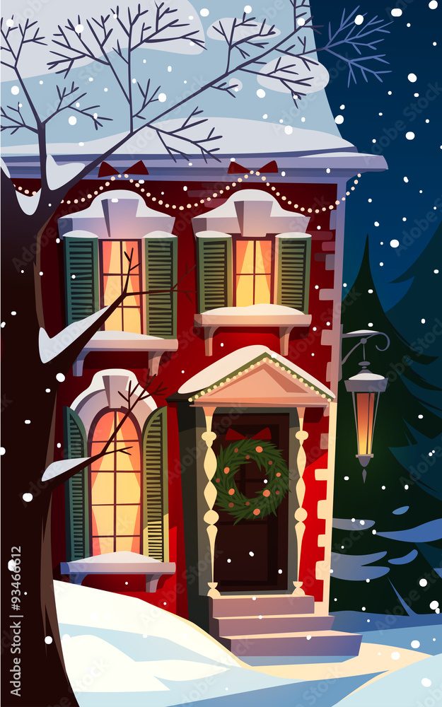 Decorated house facade. Christmas greeting card \ background \ poster. Vector illustration.