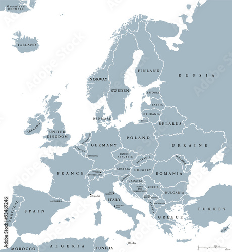 Obraz Mapa polityczna krajów Europy z granicami państwowymi i nazwami krajów. Angielskie etykietowanie i skalowanie. Ilustracja na białym tle.