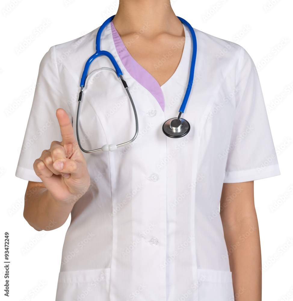 Female headless doctor pointing to something or pressing imaginary button. Female headless doctor pointing to something or pressing imaginary button.
