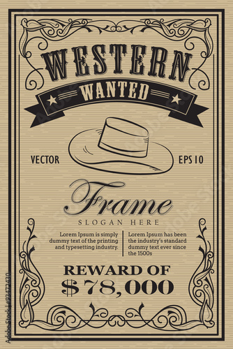 Western vintage frame label wanted retro hand drawn vector illus