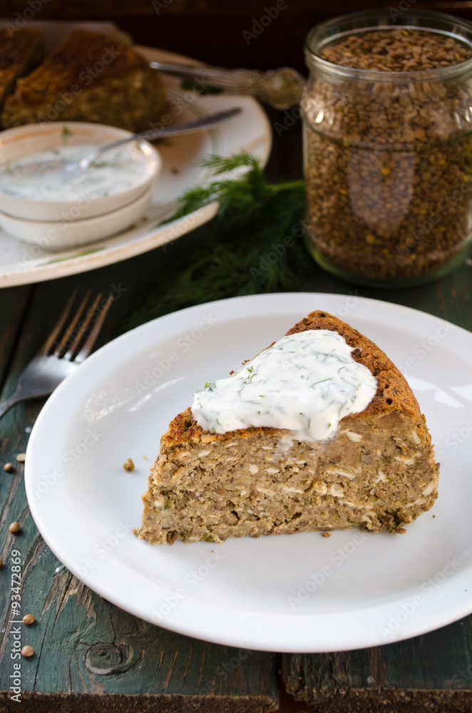 Vegetarian lentil-mushroom pie and yogurt dip with dill Vegetarian lentil-mushroom pie and yogurt dip with dill