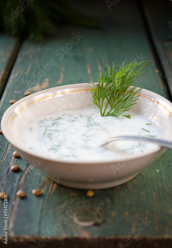 Bowl of fresh yogurt dip with dill and garlic