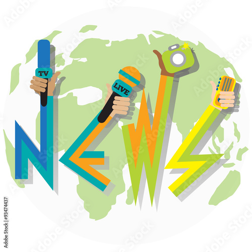 Live report concept, live news - set of hands holding microphones and voice recorders..Breaking news flat style vector illustration. Mass media signs, symbols, objects, icons, abstract elements. .