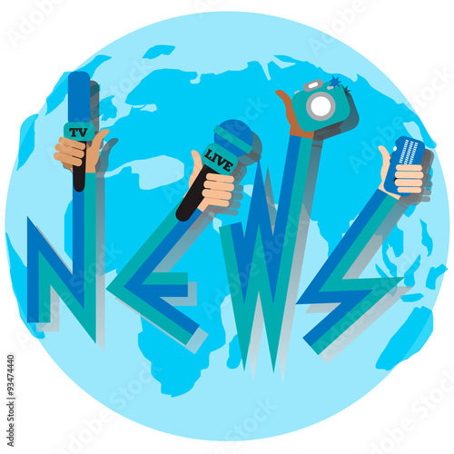 Live report concept, live news - set of hands holding microphones and voice recorders..Breaking news flat style vector illustration. Mass media signs, symbols, objects, icons, abstract elements. .