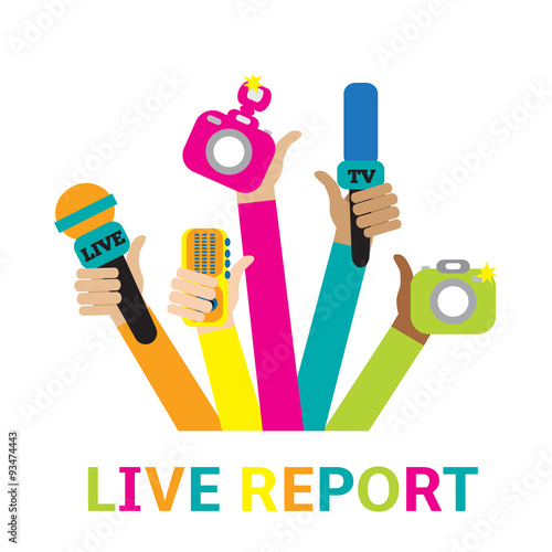Live report concept, live news - set of hands holding microphones and voice recorders..Breaking news flat style vector illustration. Mass media signs, symbols, objects, icons, abstract elements. .