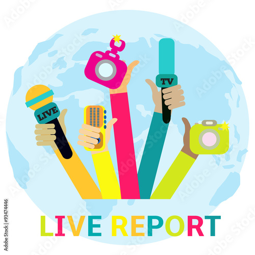 Live report concept, live news - set of hands holding microphones and voice recorders..Breaking news flat style vector illustration. Mass media signs, symbols, objects, icons, abstract elements. .