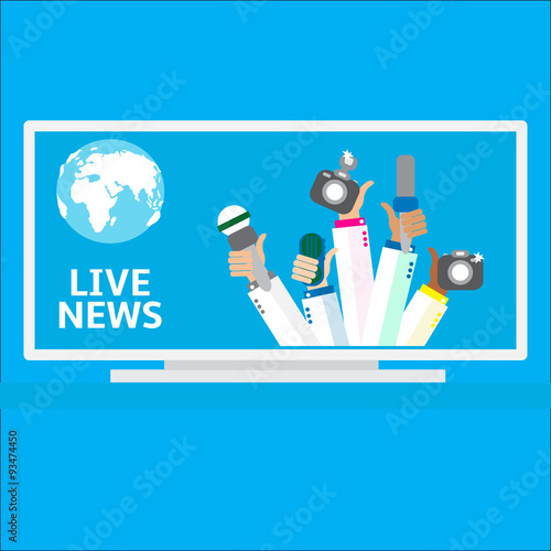 Live report concept, live news - set of hands holding microphones and voice recorders..Breaking news flat style vector illustration. Mass media signs, symbols, objects, icons, abstract elements. .